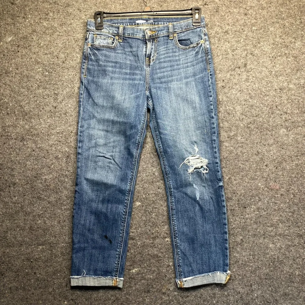 Old Navy Boyfriend Straight Cuffed Crop Capri Jeans Medium Wash Distressed Sz 2